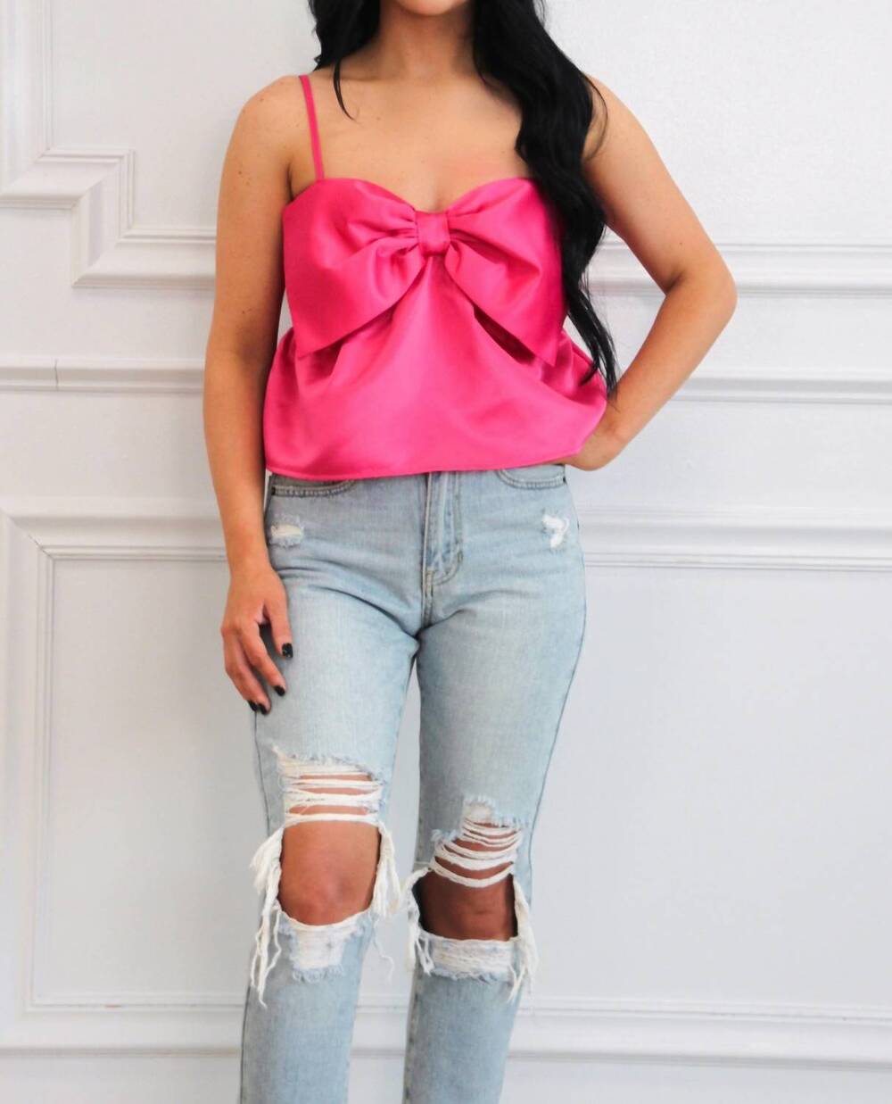 NEW DAY + MOON atlas satin bow babydoll top in hot pink